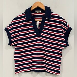Madewell Maumau Navy/Red/White Striped V-Neck Short Sleeve Polo Top XXS NWT